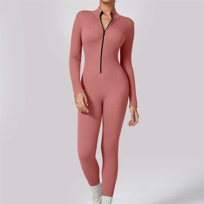 Ribbed Gym Jumpsuits Zipper Sport Romper Longsleeve Fitness Jumpsuit Ladies Workout Overalls Sportwear One Piece Suit