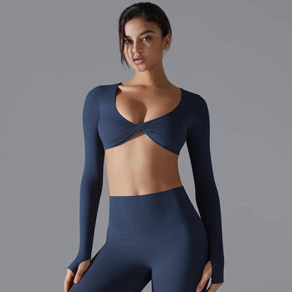 Sexy Cross Long Sleeve Sports Bra Push Up Yoga Crop Top Women Fitness Gym Workout Tops Women Brassiere Sport Female Clothing