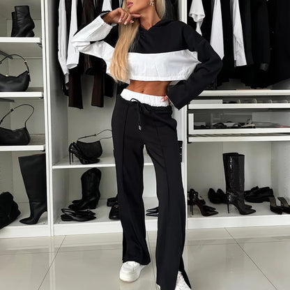 New Contrast Printed Top+Pants Two Piece Set Casual Women's Hoodies Crop Tops Match Drawstring Pants Suit Fashion Sport Clothing