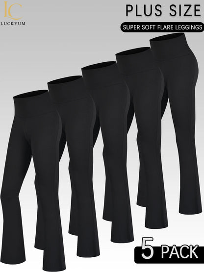 5 Pack Plus Size Women's Super Soft High Waisted Flare Pants, Leggings Tummy Control Soft Bootleg Bell Bottoms Running