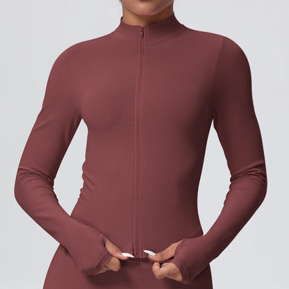 1PC Solid Color Slim Casual Zipper Long Sleeves Yoga Coat for Woman's Quick Drying Gym Sports Running Workout Top Yoga Jacket