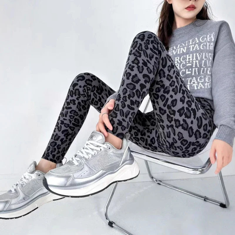 Autumn Winter Leopard Print Leggings Women's Velvet Pants Ankle Length High Waist Slim Elastic Warm Yoga Sport Leggings Women