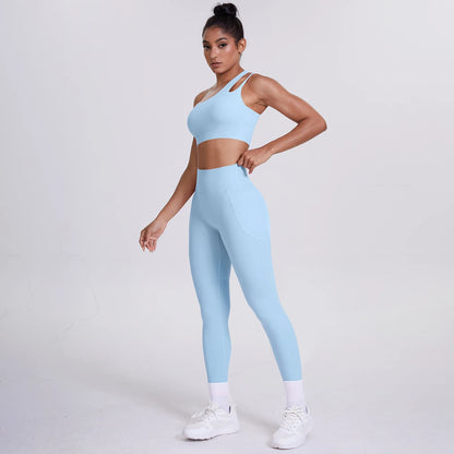 Solid Color Slant Shoulder Bra and Yoga Pants Set for Woman Quick Drying Legging Fitness Sports Gym Yoga Set