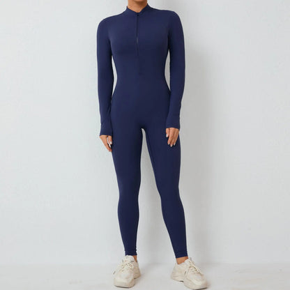 New Nylon Pad Zipper Women Tracksuit Yoga Set One Piece Jumpsuit Workout Scrunch Legging Rompers Sport Gym Active Suit Exercise