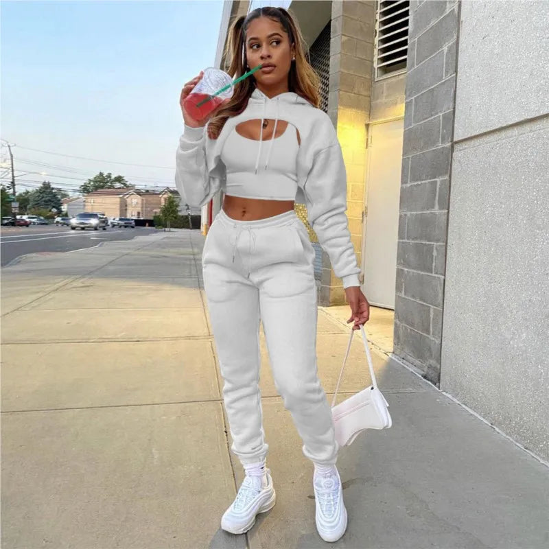 3 Pieces Sets Women Outfits Sweatpants & Hoodie Set Cropped Tops Fleece Pants Suit Tracksuit Fitness Sport Jogger Woman Clothing