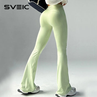 SVEIC Yoga Pants Flare Leggings Sports Fitness High Waisted Leggings Workout Tights Trousers Running Training Gym Woman Clothing