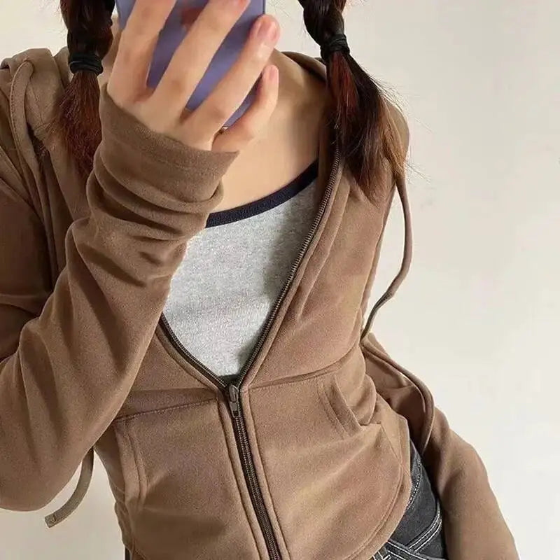 Spicy Girl Style Hooded Cardigan Cropped Zip-Up Jacket Women Autumn Slim Long Sleeve Sweatshirts Female Streetwear Sport Hoodies