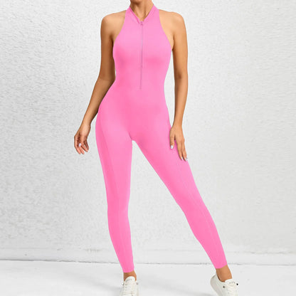 Zipper Women Pad Yoga Jumpsuits One Piece Romper Workout Legging Bodysuit Sport Gym Active Suit Exercise Wear Womens Fitness