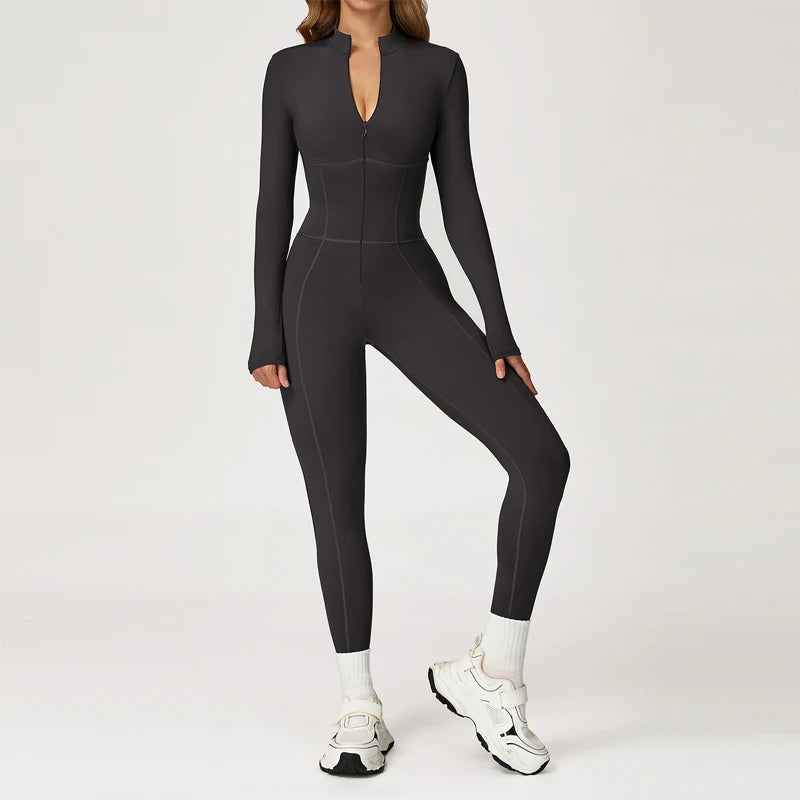 VITALINOVO Fleece Lined Long Sleeve Jumpsuits for Women Full Zipper Bodysuit Workout Full Length Bodycon Scrunch Leggings Onesis