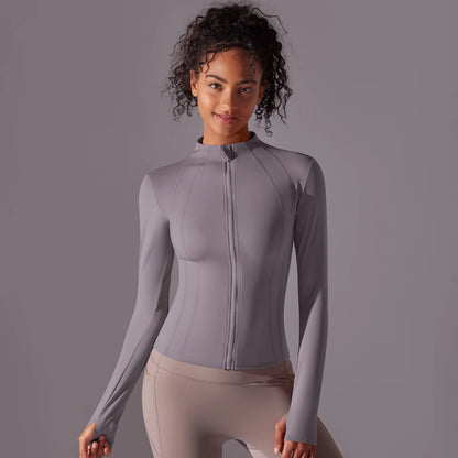 Gym Women's Full Zip Yoga Top With Thumbholes Fitness Running Jacket Stretch Fit Long Sleeve Round Neck Top Sportswear Workout