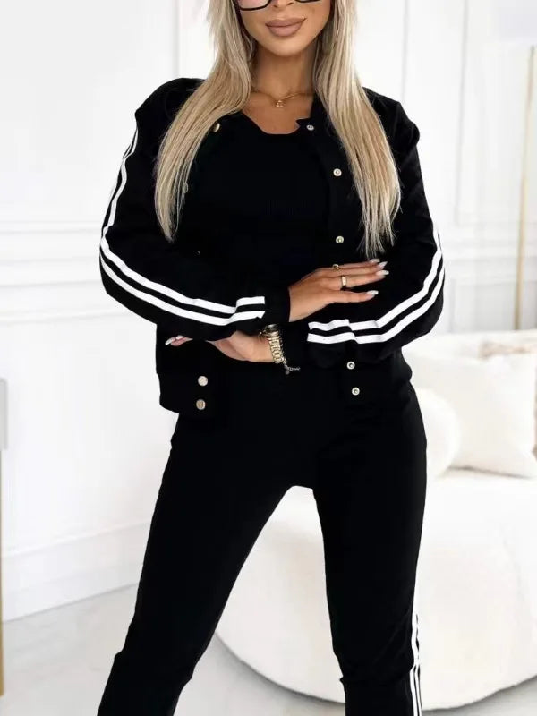 Sport Casual 3 Piece Set Sweatshirt 2025 Solid Color Striped Hooded Jacket + Tank Vest + Slim Trousers Lady Tracksuit Outfit