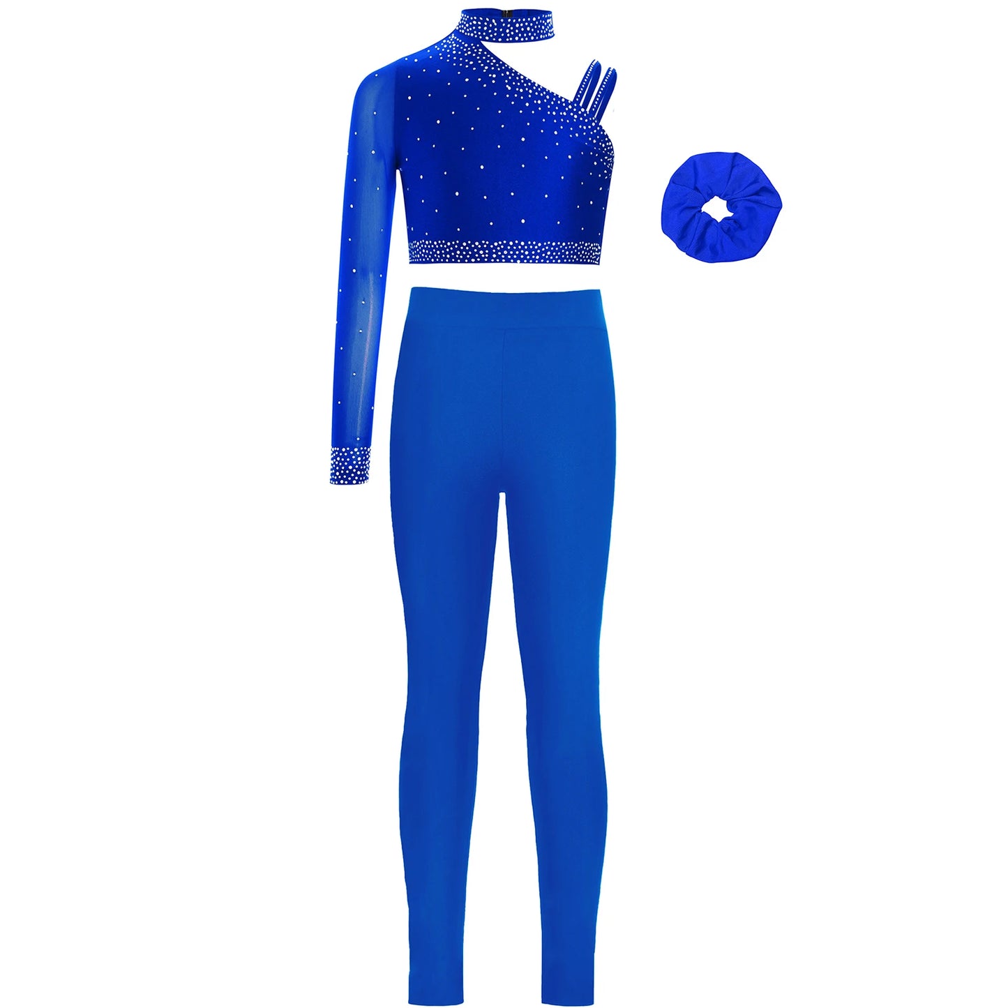 Girls Ballet Dance Outfit Unique Irregular Shoulder Rhinestones Crop Top with Hairband Leggings for Figure Skating Gymnastics