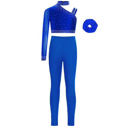Girls Ballet Dance Outfit Unique Irregular Shoulder Rhinestones Crop Top with Hairband Leggings for Figure Skating Gymnastics