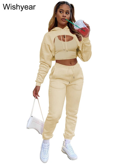 Tracksuit 3 Pieces Pants Sets for Women Velvet Hoodie Crop Tops+Vest+Sweatpants Matching Suit Sport Jogger Winter Fall Outfits