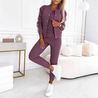 Sport Casual 3 Piece Set Sweatshirt 2025 Solid Color Striped Hooded Jacket + Tank Vest + Slim Trousers Lady Tracksuit Outfit