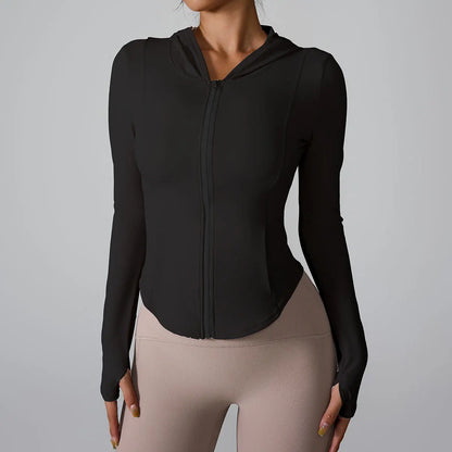 2024 European and American new long-sleeved sports jacket hooded running fitness clothes zipper yoga long-sleeved jacket