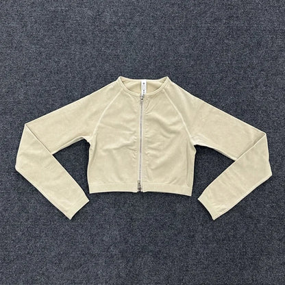 Washed Women Sport Suit Zipper Yoga Set Gym Workout Long Sleeve Fitness Crop Top High Waist Seamless Leggings Gym Set