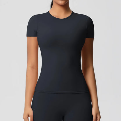 Women Running Sports T Shirt Summer Short Sleeve Round Neck Breathable Stretchy GYM Yoga Slim Fitness Active Top