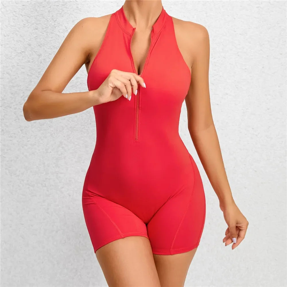 Zipper Women Pad Yoga Jumpsuits One Piece Romper Workout Legging Bodysuit Sport Gym Active Suit Exercise Wear Womens Fitness