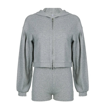 Solid Sport 3 Piece Set Crop Vest Hoodie Tracksuit Women Casual Sweatshirt Coat Mini Short Matching Set Sportswear 3 PCS Outfit