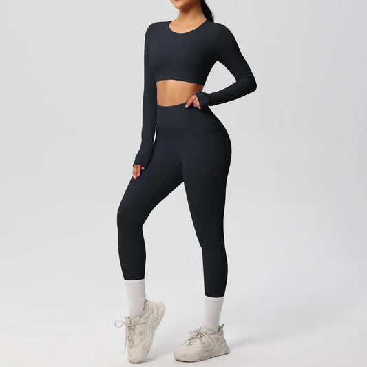 Yoga Set Women Sportswear Yoga Clothes Fitness Long Sleeve With Padded Tracksuits Sports Suit Gym Top High Waist Leggings Pocket