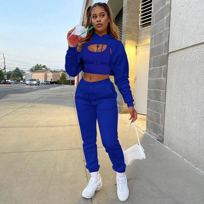 3 Pieces Sets Women Outfits Sweatpants & Hoodie Set Cropped Tops Fleece Pants Suit Tracksuit Fitness Sport Jogger Woman Clothing
