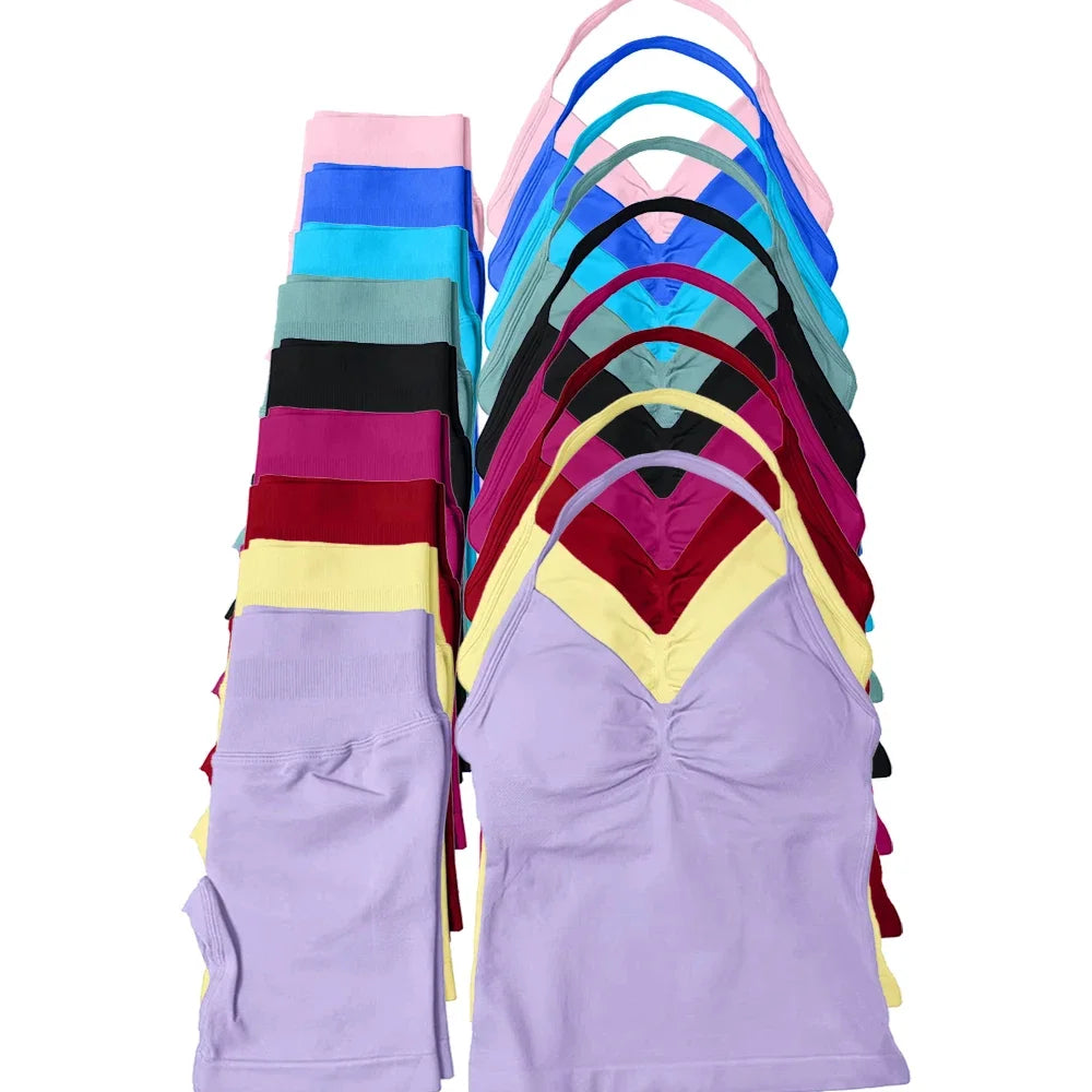 2-Piece Yoga Set Ladies Gym Training Leggings and Neck Tank Yoga Fitness Seamless Set Pilates Clothes Workout Sportswear
