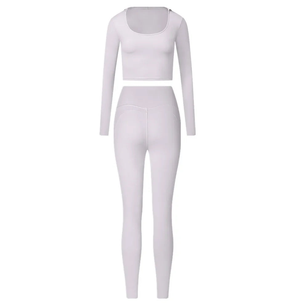 2PCS Hoody Sportswear Long Sleeve Crop Top Women Yoga Set Fitness Bra Workout Clothes Active Gym Legging Athletic Wear Suit XP14
