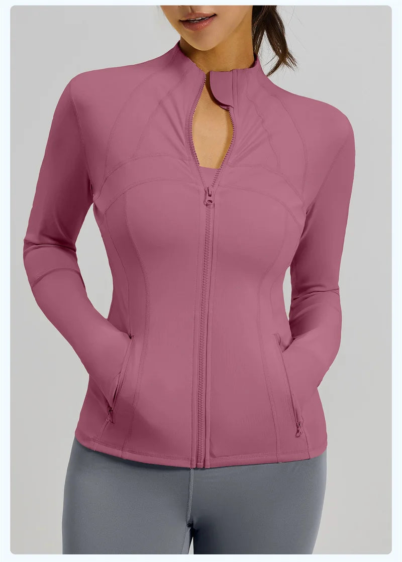 PofyBofy Running Jackets Women Full Zip Up Winter Fall Sports Jackets Workout Yoga Long Sleeve Gym Shirts with Pockets Slim Fit