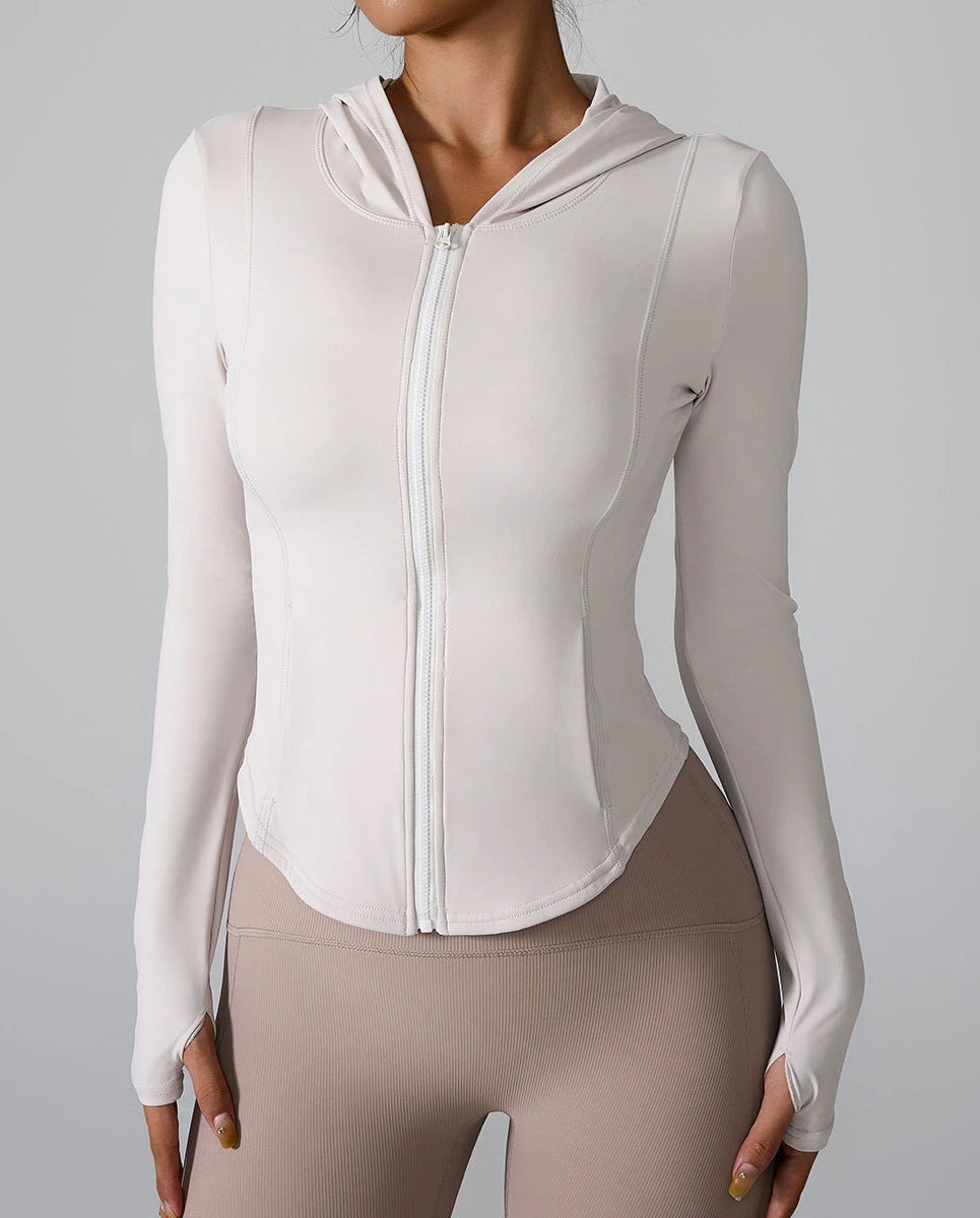 2024 European and American new long-sleeved sports jacket hooded running fitness clothes zipper yoga long-sleeved jacket