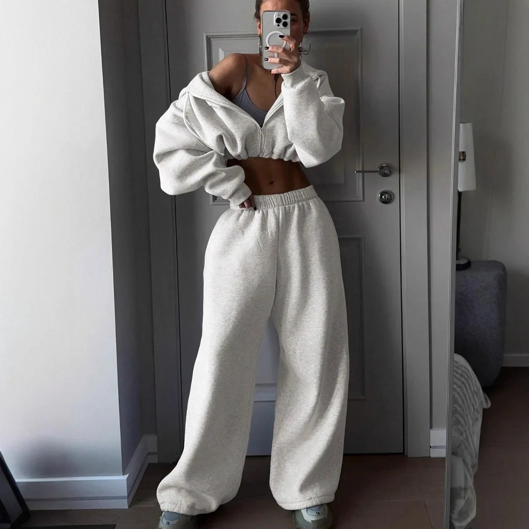 DSMTRC 2025 Autumn Ladies Casual Sport Two Piece Matching Sets Hoodies Crop Top+Sweatpants Pants Suits Black Club Outfits Woman