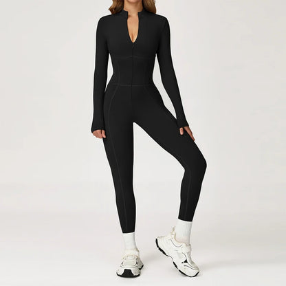 VITALINOVO Fleece Lined Long Sleeve Jumpsuits for Women Full Zipper Bodysuit Workout Full Length Bodycon Scrunch Leggings Onesis