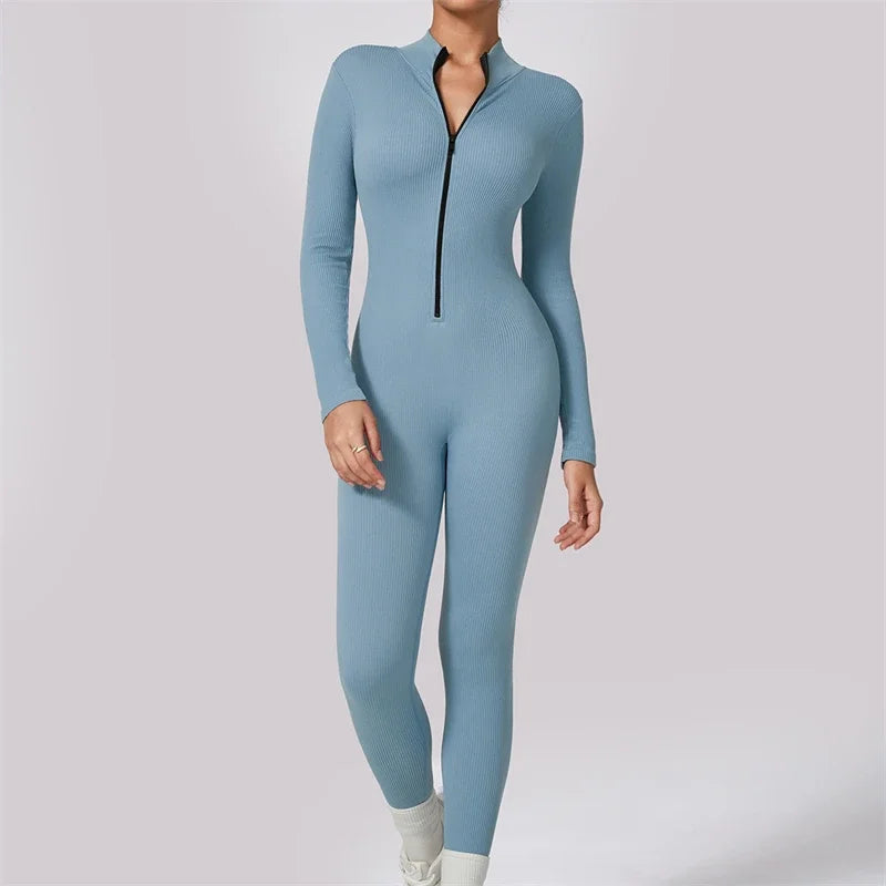 Ribbed Gym Jumpsuits Zipper Sport Romper Longsleeve Fitness Jumpsuit Ladies Workout Overalls Sportwear One Piece Suit
