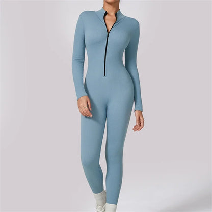 Ribbed Gym Jumpsuits Zipper Sport Romper Longsleeve Fitness Jumpsuit Ladies Workout Overalls Sportwear One Piece Suit