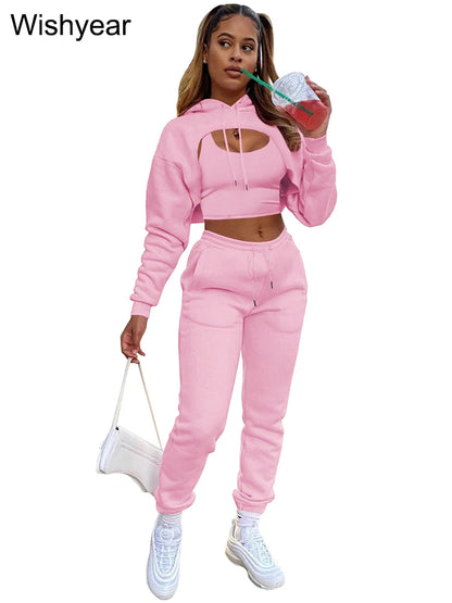 Tracksuit 3 Pieces Pants Sets for Women Velvet Hoodie Crop Tops+Vest+Sweatpants Matching Suit Sport Jogger Winter Fall Outfits