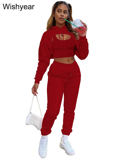 Tracksuit 3 Pieces Pants Sets for Women Velvet Hoodie Crop Tops+Vest+Sweatpants Matching Suit Sport Jogger Winter Fall Outfits