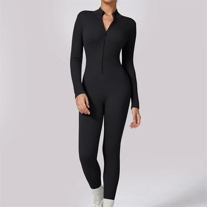 Ribbed Gym Jumpsuits Zipper Sport Romper Longsleeve Fitness Jumpsuit Ladies Workout Overalls Sportwear One Piece Suit