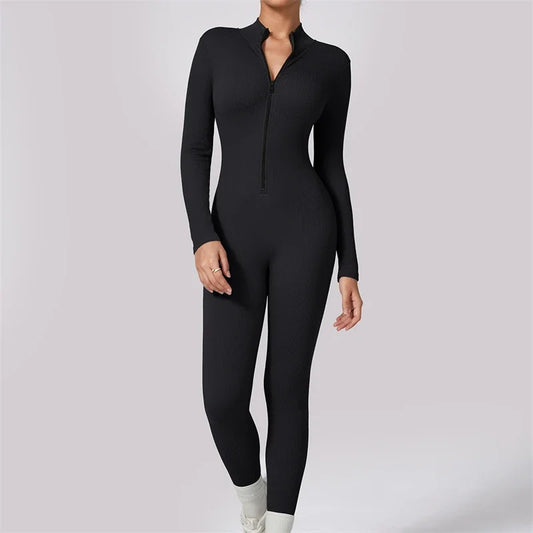 Ribbed Gym Jumpsuits Zipper Sport Romper Longsleeve Fitness Jumpsuit Ladies Workout Overalls Sportwear One Piece Suit