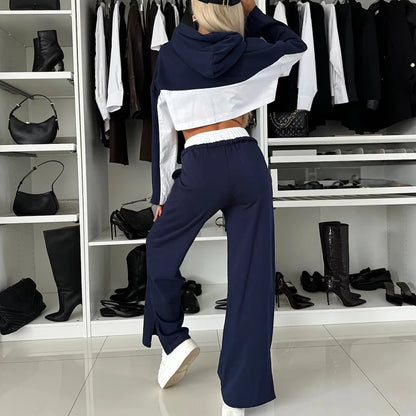 New Contrast Printed Top+Pants Two Piece Set Casual Women's Hoodies Crop Tops Match Drawstring Pants Suit Fashion Sport Clothing