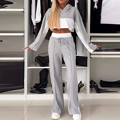 New Contrast Printed Top+Pants Two Piece Set Casual Women's Hoodies Crop Tops Match Drawstring Pants Suit Fashion Sport Clothing