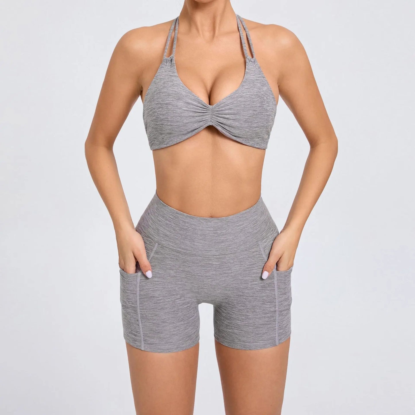 Sport Bra Halter Yoga Set Gym Pocket V Back Shorts Women Workout Tops Women Fitness Leggings Gym Active Wear