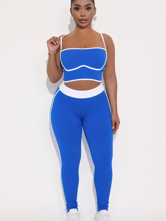 Doyerl Striped Knitted Tracksuit Woman Two Piece Set Sporty Fitness Camisole Crop Top and Sweatpants Joggers Running Yoga Sets