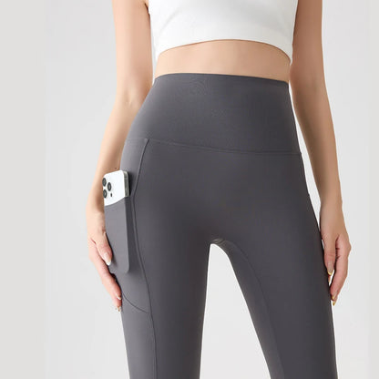 BIVIGAOS Spring Autumn Double Side Pocket Sharkskin Leggings Women Tight Elastic High Waist Sports Fitness Running Leggings