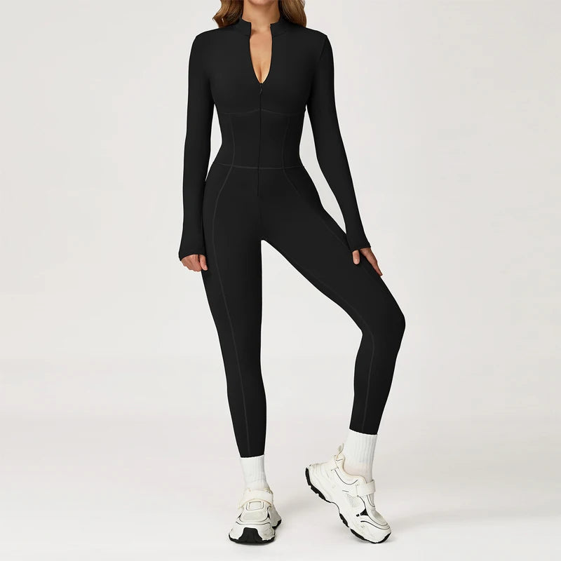 VITALINOVO Fleece Lined Long Sleeve Jumpsuits for Women Full Zipper Bodysuit Workout Full Length Bodycon Scrunch Leggings Onesis