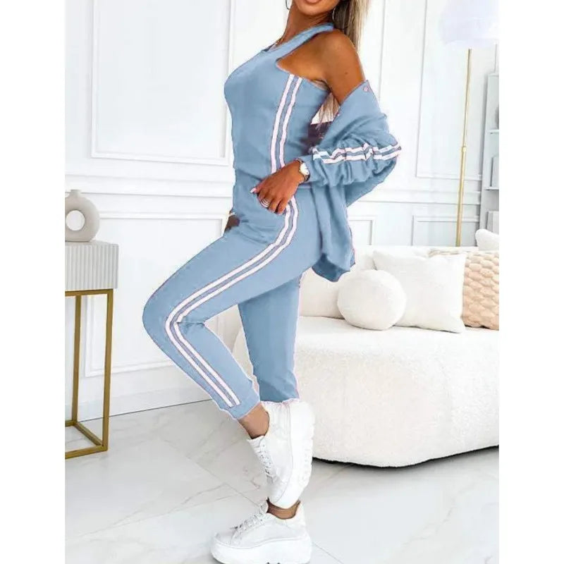Sport Casual 3 Piece Set Sweatshirt 2025 Solid Color Striped Hooded Jacket + Tank Vest + Slim Trousers Lady Tracksuit Outfit