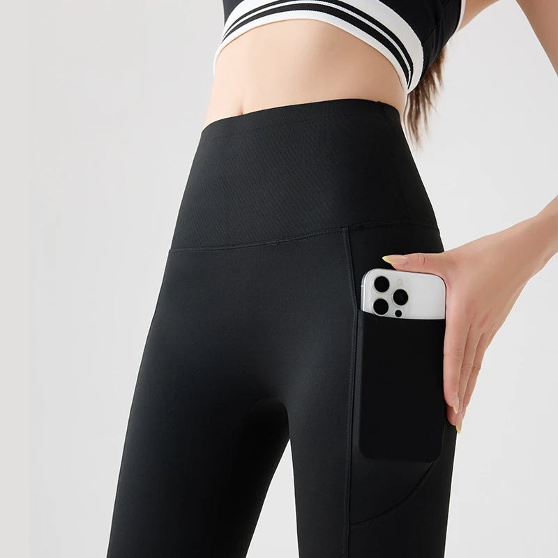 BIVIGAOS Spring Autumn Double Side Pocket Sharkskin Leggings Women Tight Elastic High Waist Sports Fitness Running Leggings