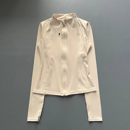 Windproof Fitted Yoga Jacket for Women-Thickened Stand Collar Long Sleeve Cardigan for Running Gym/Fall Cycling with Quick-Dry