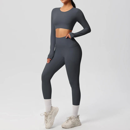 Yoga Set Women Sportswear Yoga Clothes Fitness Long Sleeve With Padded Tracksuits Sports Suit Gym Top High Waist Leggings Pocket