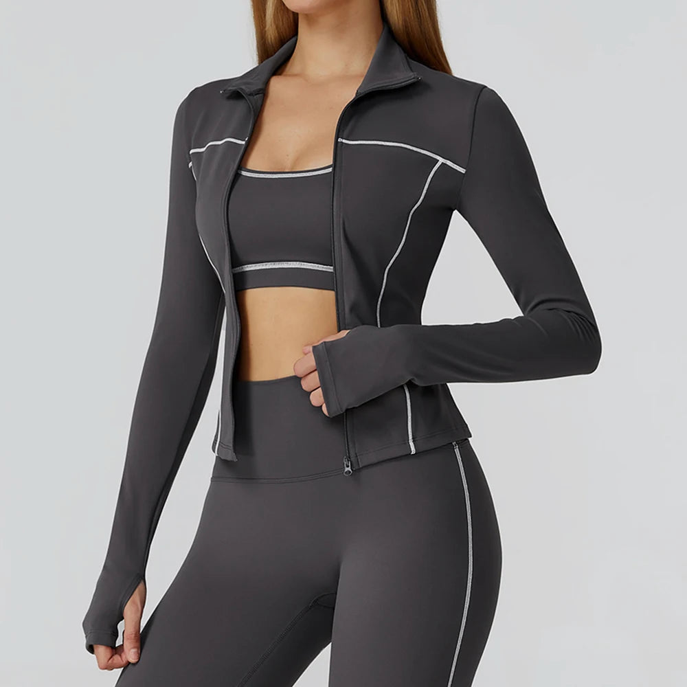 Women Sport Jacket Zipper Yoga Coat Clothes Quick Dry Fitness Jacket Running Long Sleeves Thumb Hole Sportwear Gym Workout Top