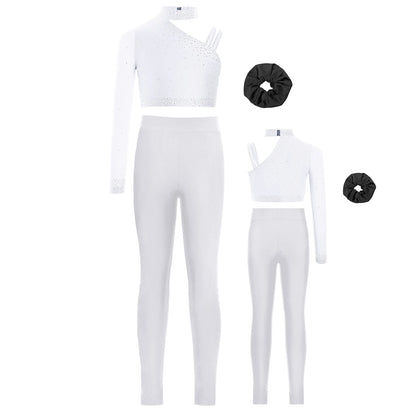 Girls Ballet Dance Outfit Unique Irregular Shoulder Rhinestones Crop Top with Hairband Leggings for Figure Skating Gymnastics